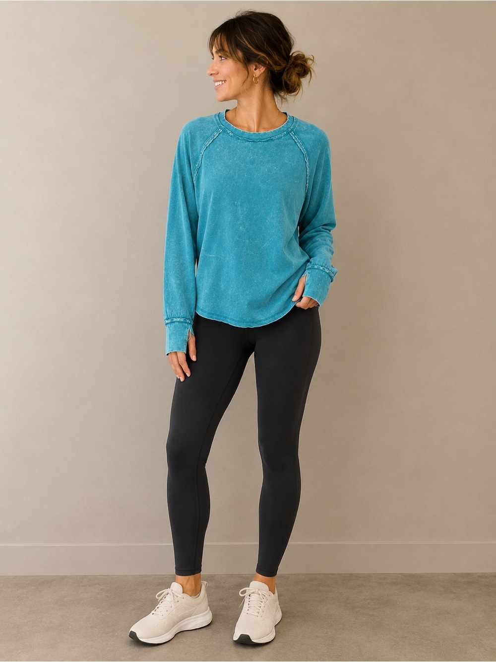 Zenana Mineral Washed Teal Raglan Long-Sleeve Pullover Raw Hem - Picture 5 of 6